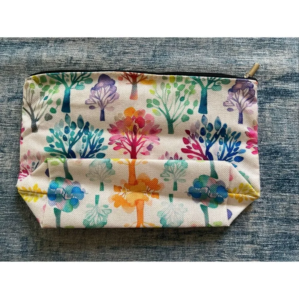 Rainbow Watercolor Trees Cotton Canvas Small Makeup Bag Travel Toiletry Pouch
